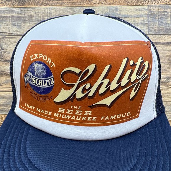 Defunct Schlitz Beer Mens Trucker Hat Navy Snapback Milwaukee Wisconsin Mesh Cap - Picture 2 of 7